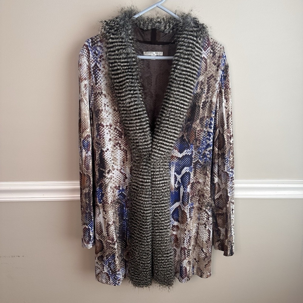 Alberto Makali Snakeskin Print Mesh Cardigan Faux Fur Trim M 90s Maximalism